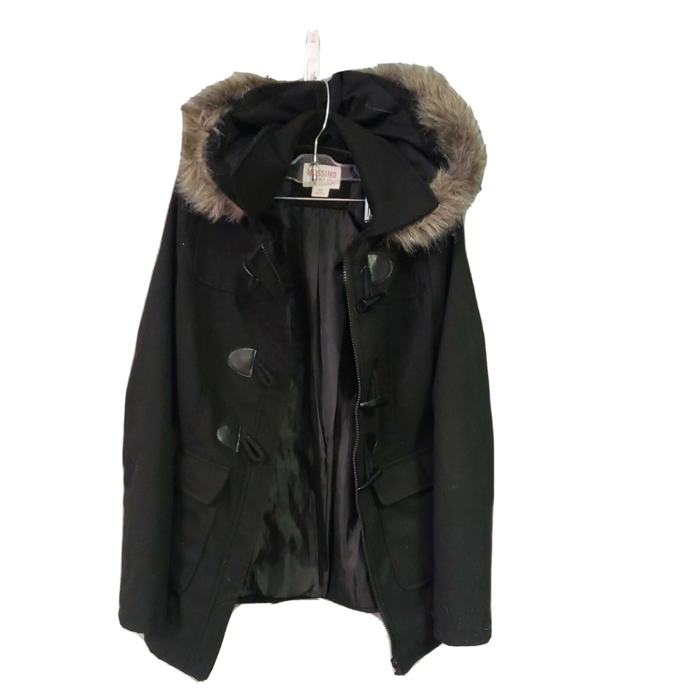 Mossimo Jacket  Lined Faux Fur  hooded Coat  Womens Size Small‎ Petite Black EUC
